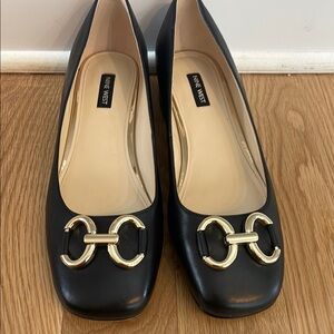 Nine West Black Flats with Gold Embellishment and Square Toe